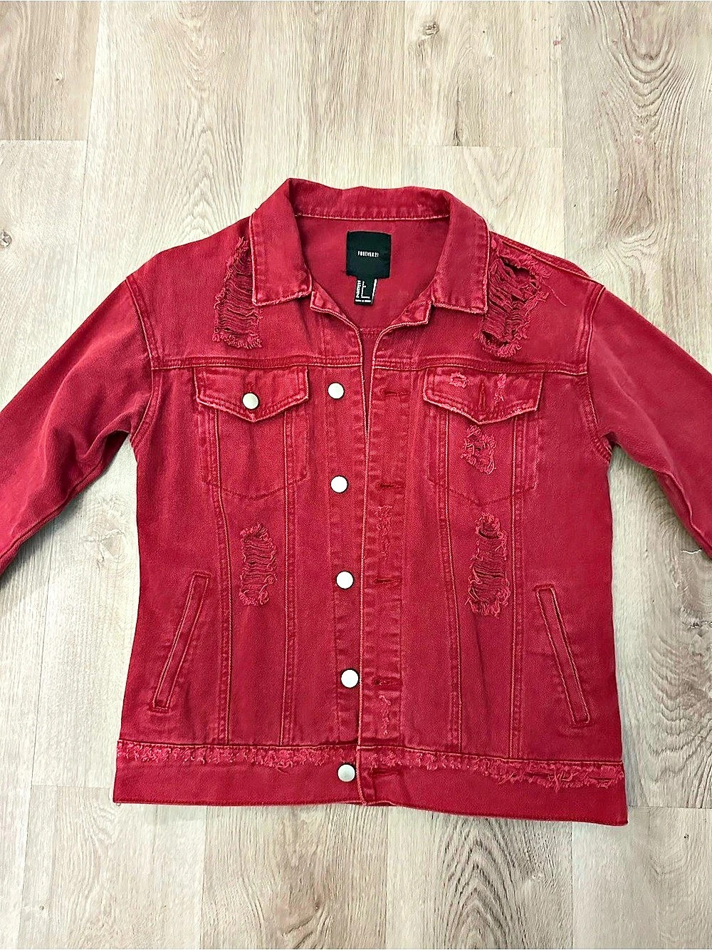 Forever 21 Red Distressed Denim Jacket in Size Small